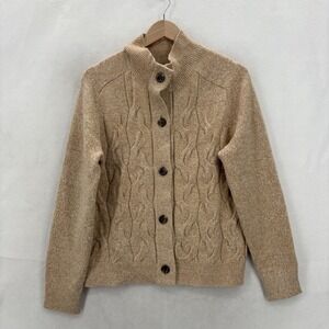 Talbots Sweater Cardigan Womens PL Beige Acrylic Blend Mock Neck Cable Knit NWT